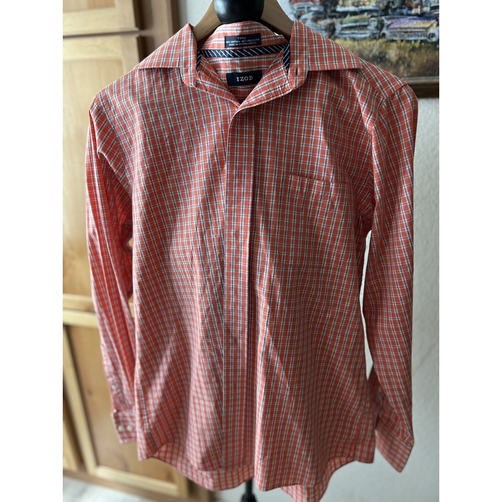 Izod Mens Twill Dress Shirt Orange Blue Plaid Slim Fit Pocket 16.5 34/35